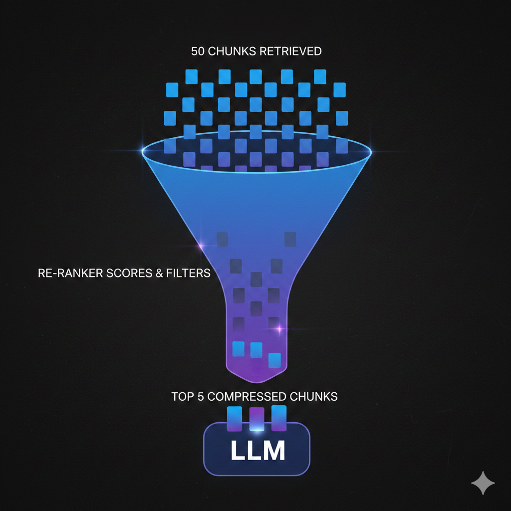 RAG pipeline with re-ranking and contextual compression stages between retrieval and generation