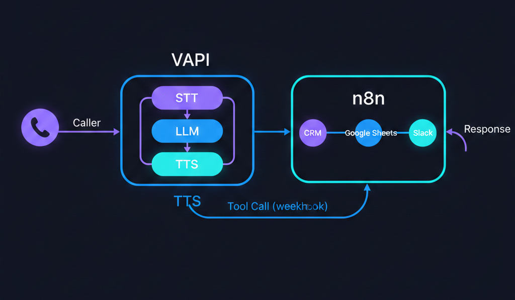 VAPI and n8n architecture diagram showing the call flow from user speech through STT, LLM, tool calls, n8n webhooks, and TTS back to the caller